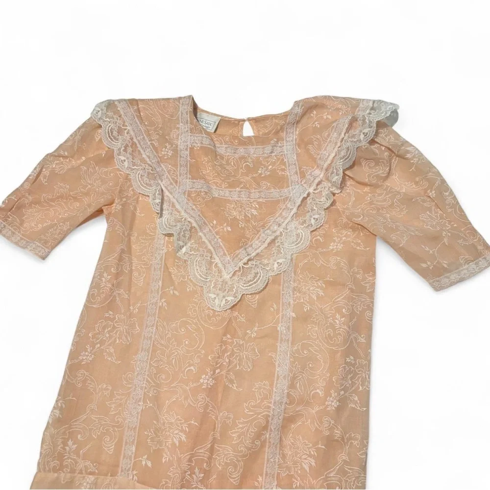Vintage Gunne Sax Dress XS 3 Peach Sheer Lace Drop Waist Floral Cottagecore - Picture 7 of 8